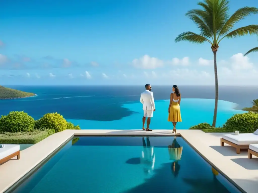 Exclusivo paraíso costero con servicio de concierge privado Un paraíso costero exclusivo con un concierge atendiendo a una pareja en una lujosa piscina infinita