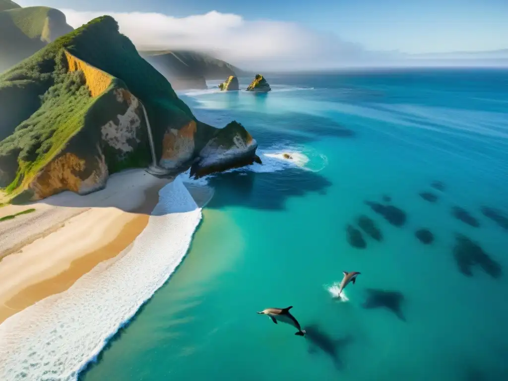 Paraíso costero: playa secreta entre acantilados en la Costa del Pacífico Un paraíso costero exclusivo en la Costa del Pacífico con acantilados, playa y surfista
