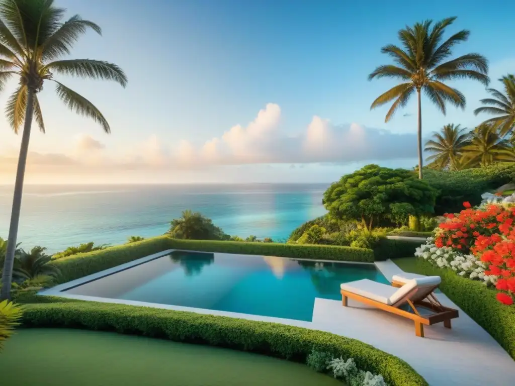 Paraíso costero: jardín exuberante con vista al mar Un paraíso costero con jardín exuberante y vistas al mar turquesa
