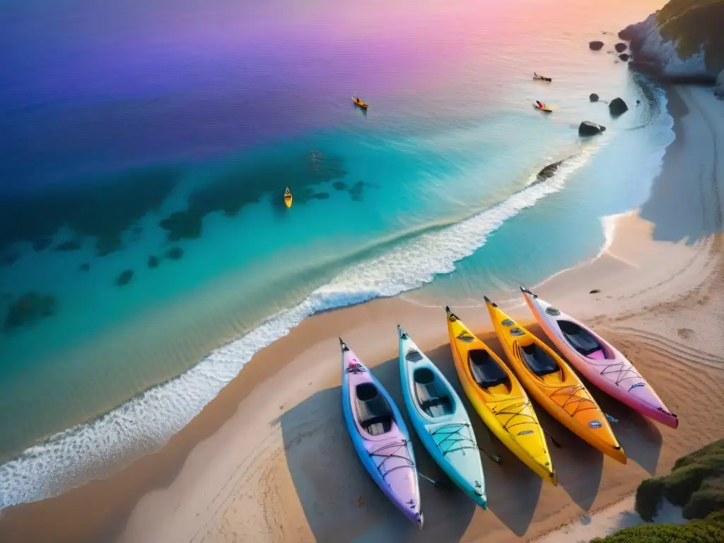 Costa pintoresca: kayaks coloridos listos para la aventura al atardecer Un paraíso costero con kayaks listos para la aventura bajo un atardecer espectacular