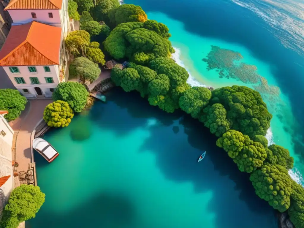 Paraíso costero: Murales marinos en una vista aérea impresionante Un paraíso costero lleno de Arte local costero para decoración, donde murales marinos dan vida a cada fachada con detalles vibrantes y coloridos