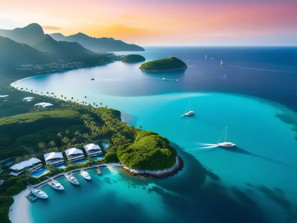 Paraíso costero de lujo: aguas turquesas, playas doradas y villas opulentas al atardecer Un paraíso costero de lujo: aguas turquesas, playas doradas, vegetación exuberante, villas opulentas y yates en un puerto privado al atardecer