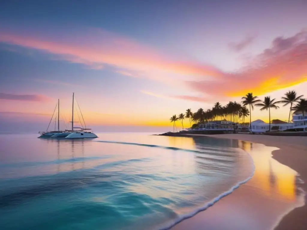 Atardecer dorado en paraíso costero Un paraíso costero de lujo con atardecer dorado, palmeras y yates en la marina, reflejando el cielo rosa y naranja en el mar