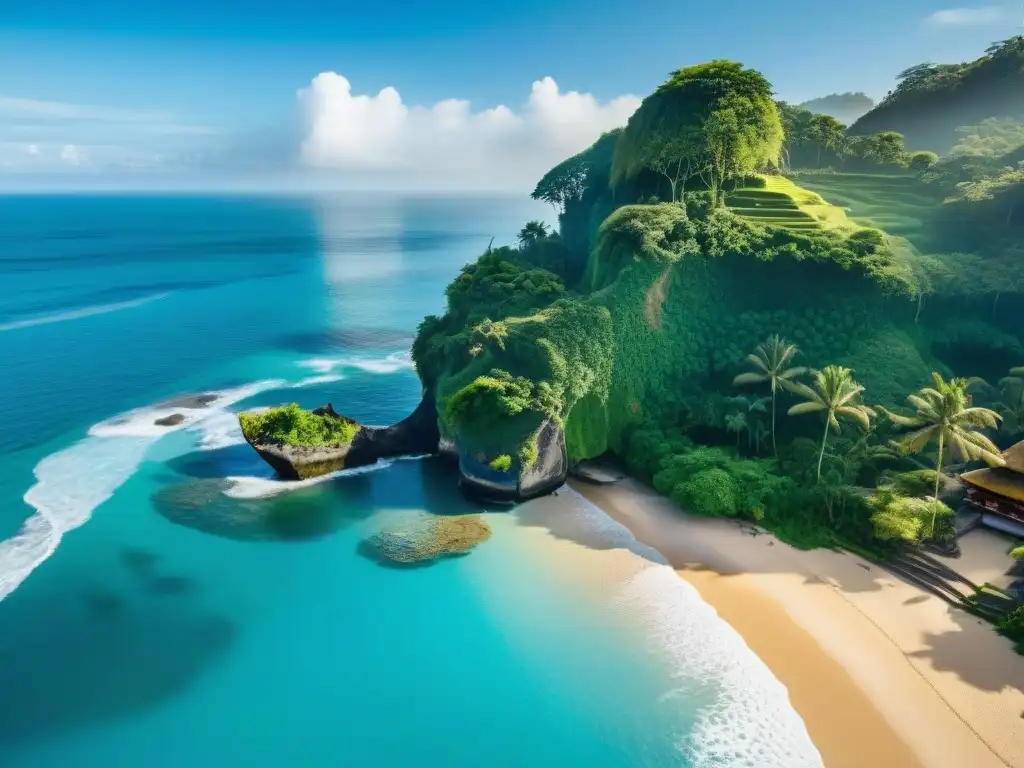 Playa paradisíaca en Bali: aguas turquesas y cultura balinesa Un paraíso costero de lujo en Bali, Indonesia, con aguas turquesas y arena dorada, rodeado de exuberante vegetación y un templo balinés