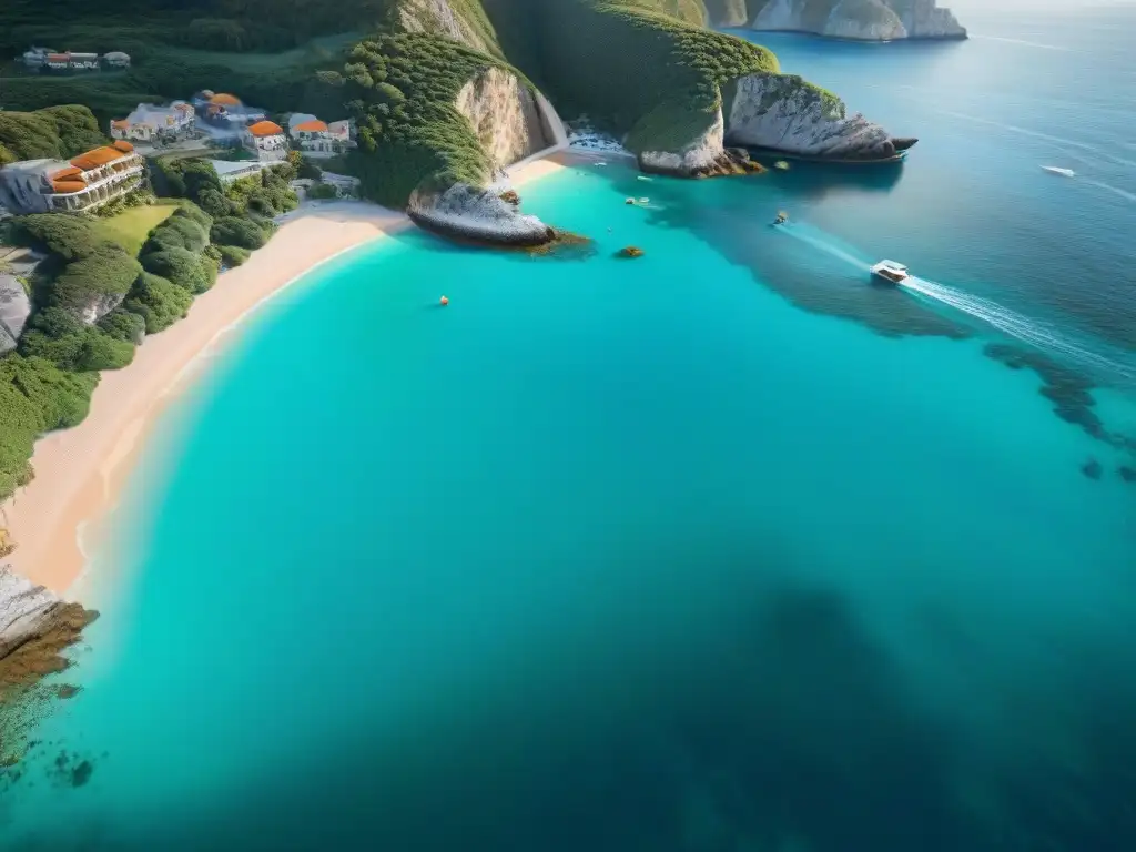 Paraíso costero: playa turquesa y marina vibrante Un paraíso costero de lujo con playas cristalinas, marina y turistas disfrutando