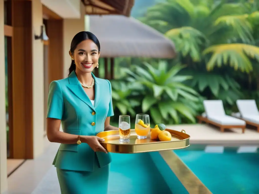 Exclusivo resort costero con servicio de conserjería de lujo Un paraíso costero de lujo con servicio de concierge, rodeado de vegetación exuberante y una playa de aguas turquesa