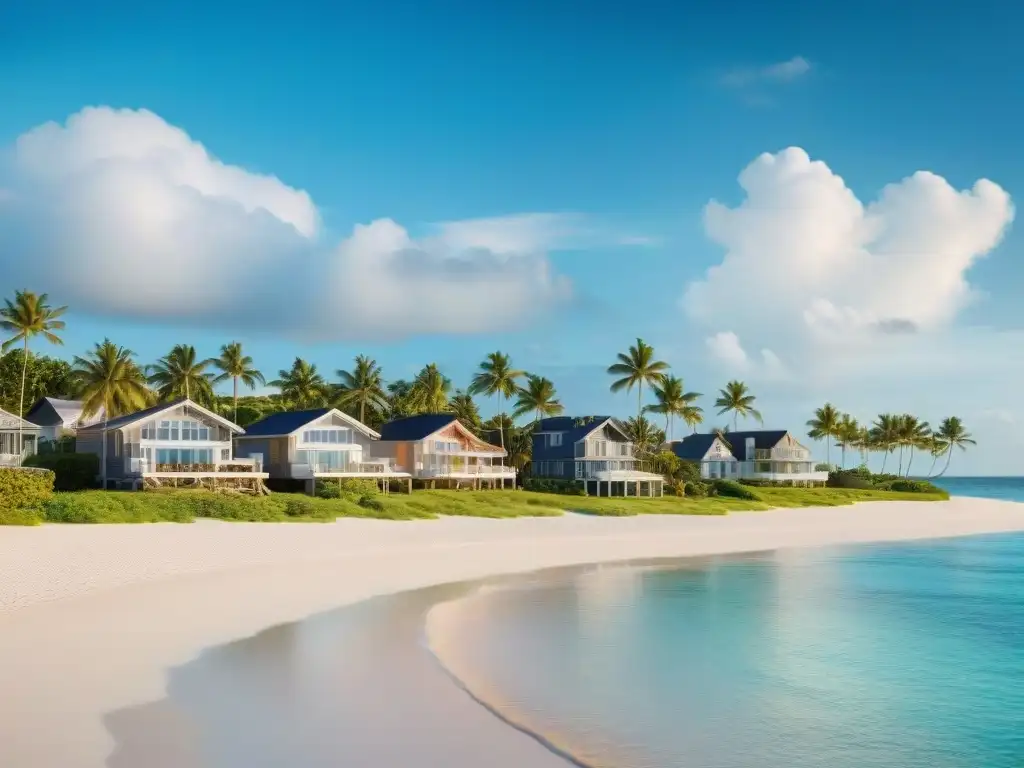Residencias playeras de lujo en entorno sereno Un paraíso costero con lujosas casas de playa y palmeras, reflejando la tranquilidad