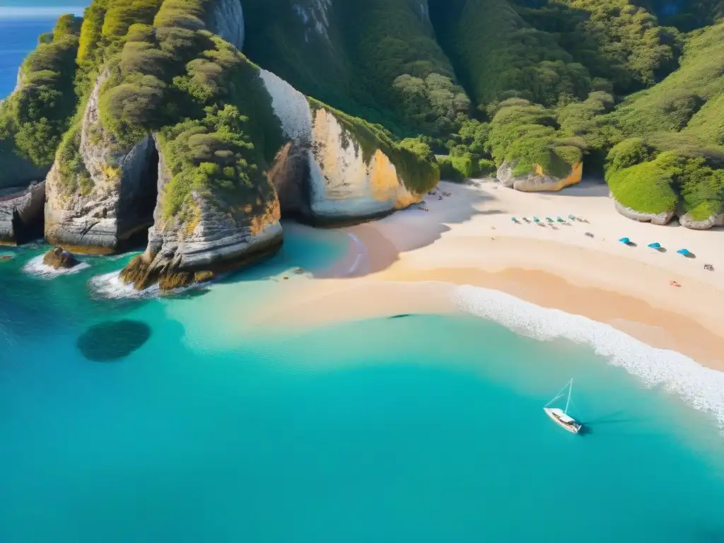 Paraíso costero: playa escondida con aguas turquesa y acantilados Un paraíso costero oculto con aguas cristalinas, playas doradas y vegetación exuberante