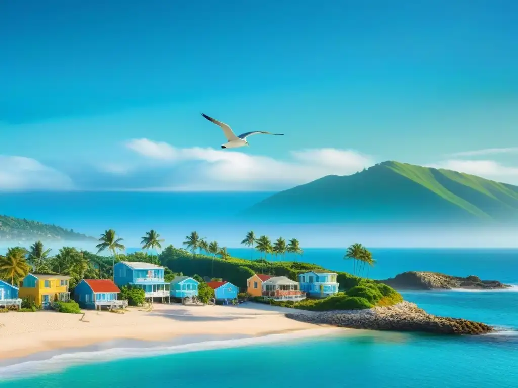 Paraíso costero: casas coloridas, palmeras y mar sereno Un paraíso costero pintoresco con casas coloridas frente al mar, palmeras y un océano sereno