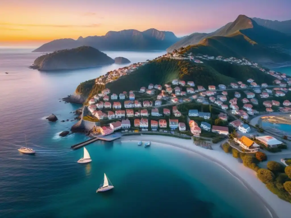 Pintoresco pueblo costero al atardecer: belleza tranquila y serena Viviendo en el paraíso costero: Pintoresco pueblo costero al atardecer con casas de colores pastel, veleros y sol dorado sobre montañas