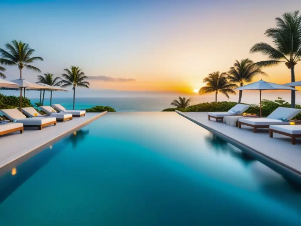 Paraíso costero: piscina infinita en resort de lujo Paraíso costero con piscina de borde infinito, sol dorado y palmeras exuberantes