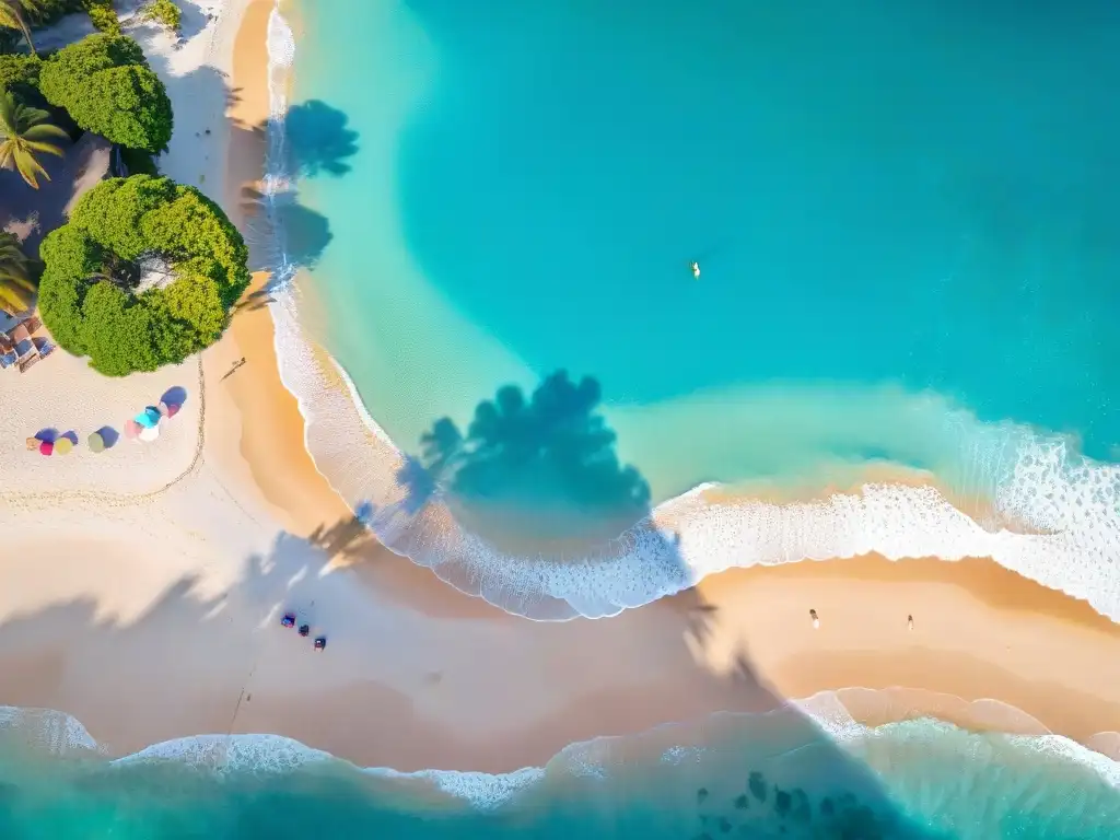 Paraíso costero: arena dorada, aguas turquesas y atardecer mágico Un paraíso costero con playa de arena, aguas turquesas, palmeras y sombrillas