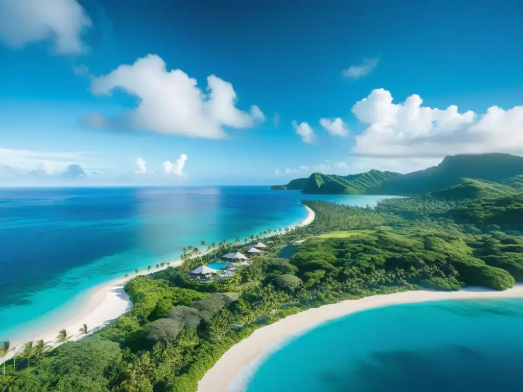Paraíso costero: Playa de arena blanca y aguas turquesas en cove tropical Paraíso costero con playa de arena y aguas turquesas, rodeado de palmeras y vegetación tropical