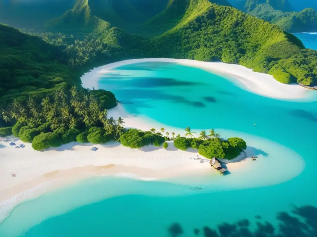 Paraíso costero: Playa de arena blanca y aguas turquesas Un paraíso costero para vivir: playa de arena blanca, aguas turquesas, palmeras y cabañas de madera