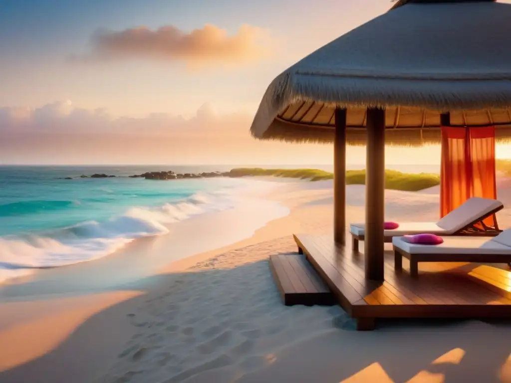 Experiencia de lujo en playa paradisíaca al amanecer Un paraíso costero: playa dorada al amanecer, con servicio de concierge preparando cabana