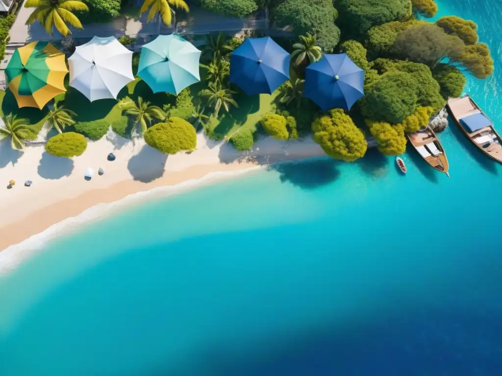 Escapada de lujo: pueblo costero con encanto y playas soleadas en 2023 Un paraíso costero en 2023: playa soleada, palmeras y mar con veleros