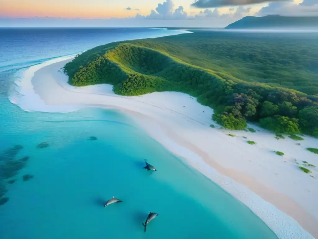 Paraíso costero: atardecer en playa prístina con vida marina Un paraíso costero protegido por leyes de conservación, hogar de delfines y coral