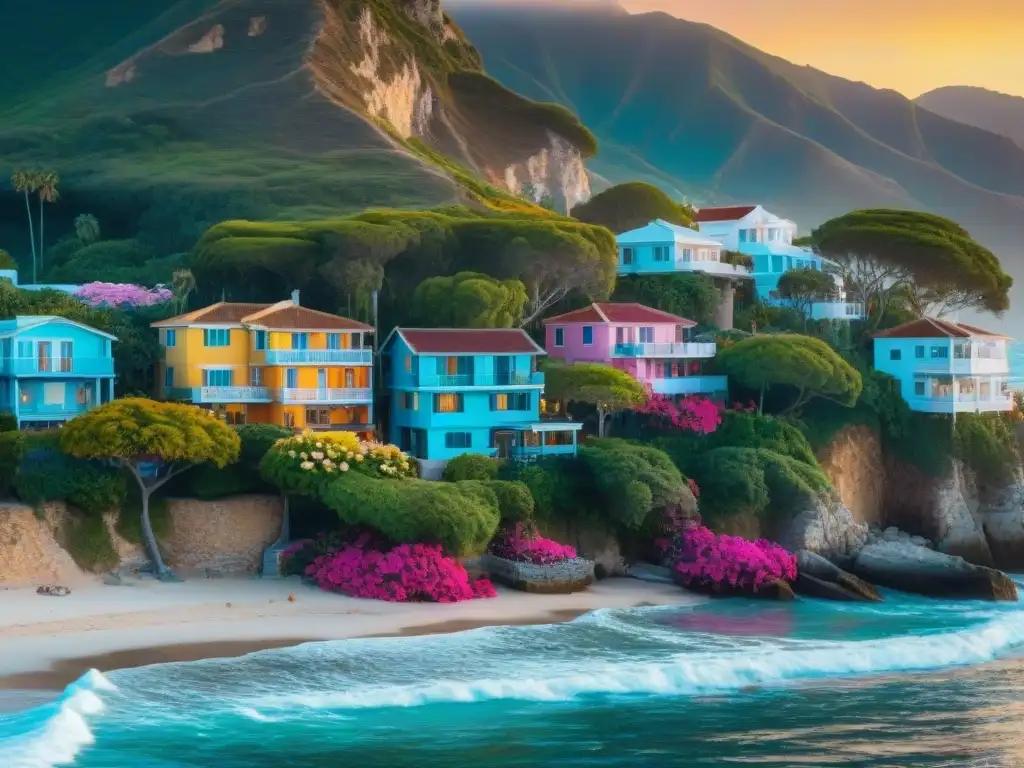 Pintoresco pueblo costero al atardecer Viviendo en el paraíso costero: Un pueblo costero tranquilo al atardecer con casas coloridas y bougainvillea en las paredes, sol dorado y mar calmado