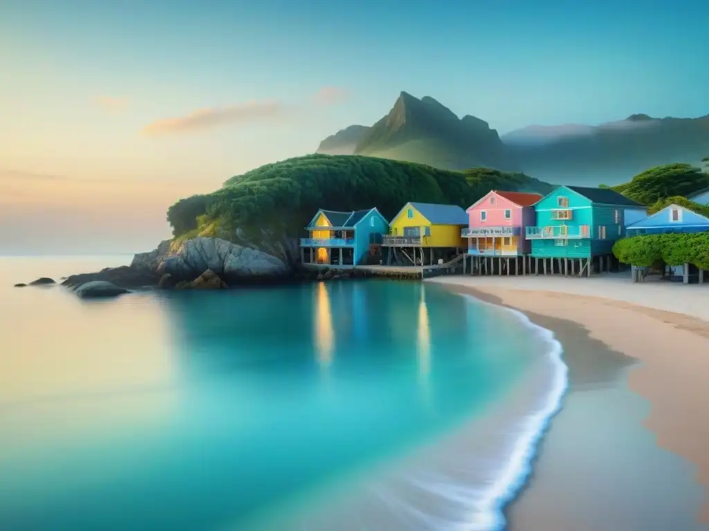 Pintoresco pueblo costero al amanecer: belleza serena y autenticidad local Viviendo en el paraíso costero: un pueblo costero sereno al amanecer con edificios de colores pastel y aguas turquesas cristalinas