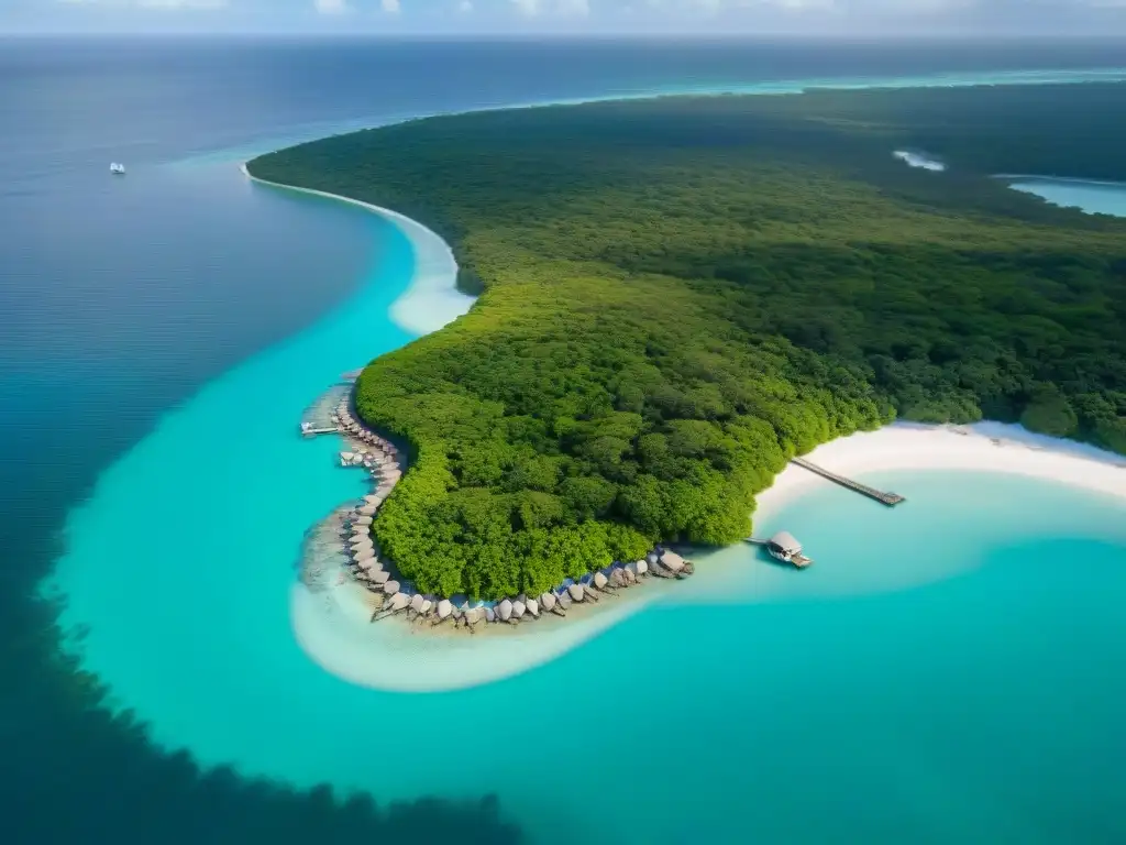 Paraíso costero: manglares exuberantes y lujo sostenible Un paraíso costero que muestra la relación entre ecoturismo y mercado inmobiliario, con manglares exuberantes y aguas turquesas llenas de vida marina