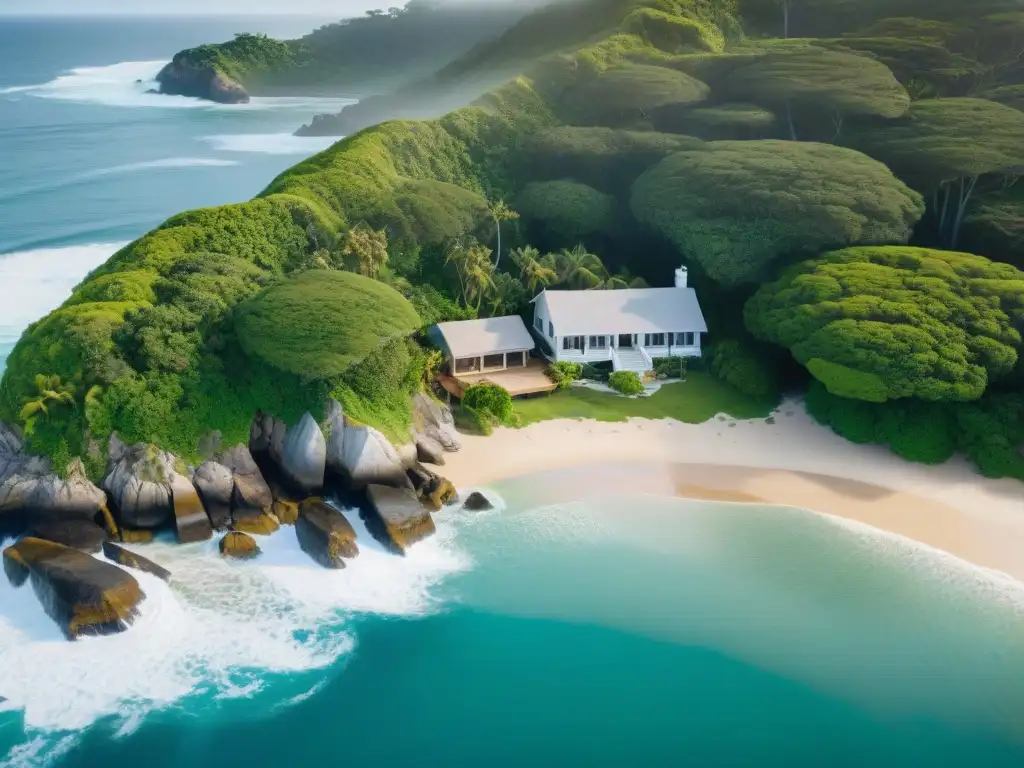 Vistas costeras: belleza y riesgos naturales Un paraíso costero rodeado de vegetación y mar, resaltando la importancia del seguro para proteger propiedades de desastres naturales