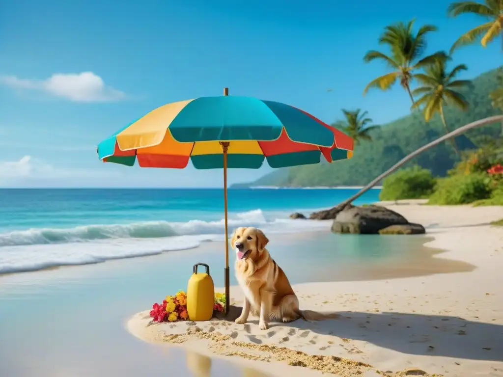 Paraíso costero: familia feliz y perro juguetón en aguas turquesas Un paraíso costero sereno con aguas turquesas y arenas blancas, donde una familia disfruta junto a su perro