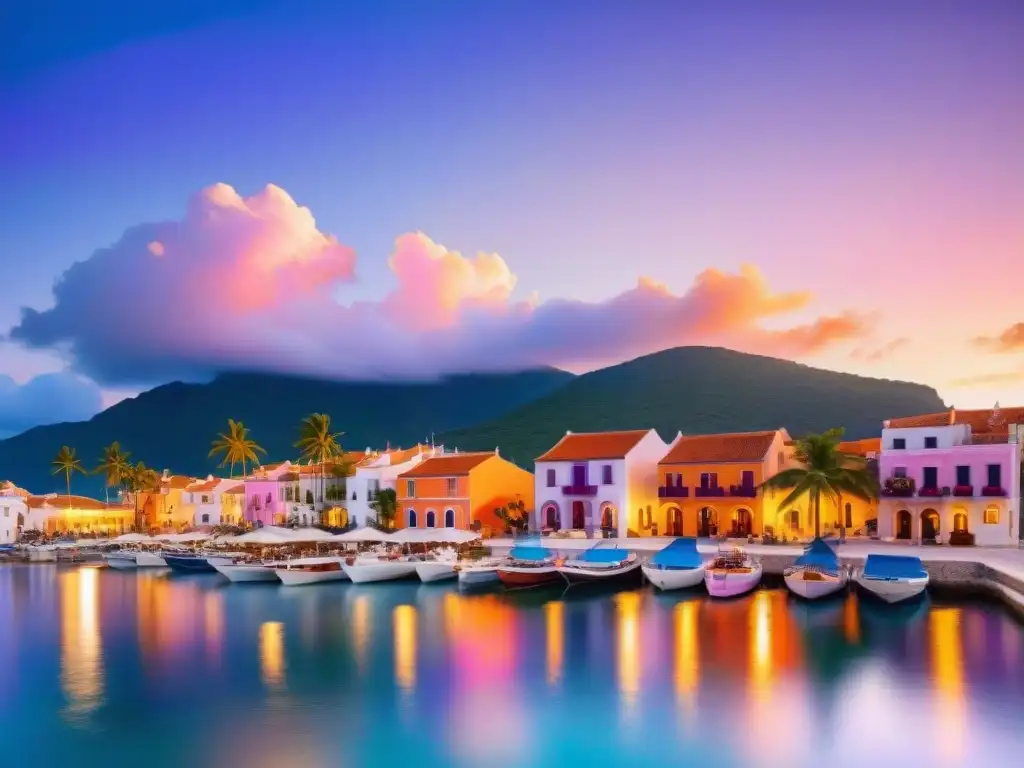 Pintoresco pueblo costero al atardecer: palmeras, barcos y puestas de sol doradas Un paraíso costero sereno al atardecer, con palmeras meciéndose suavemente y barcos coloridos en la orilla