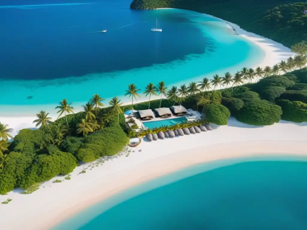Paraíso costero de lujo: atardecer dorado en resort exclusivo Un paraíso costero con servicios de concierge exclusivos, yates, playas de arena blanca y aguas turquesas cristalinas al atardecer