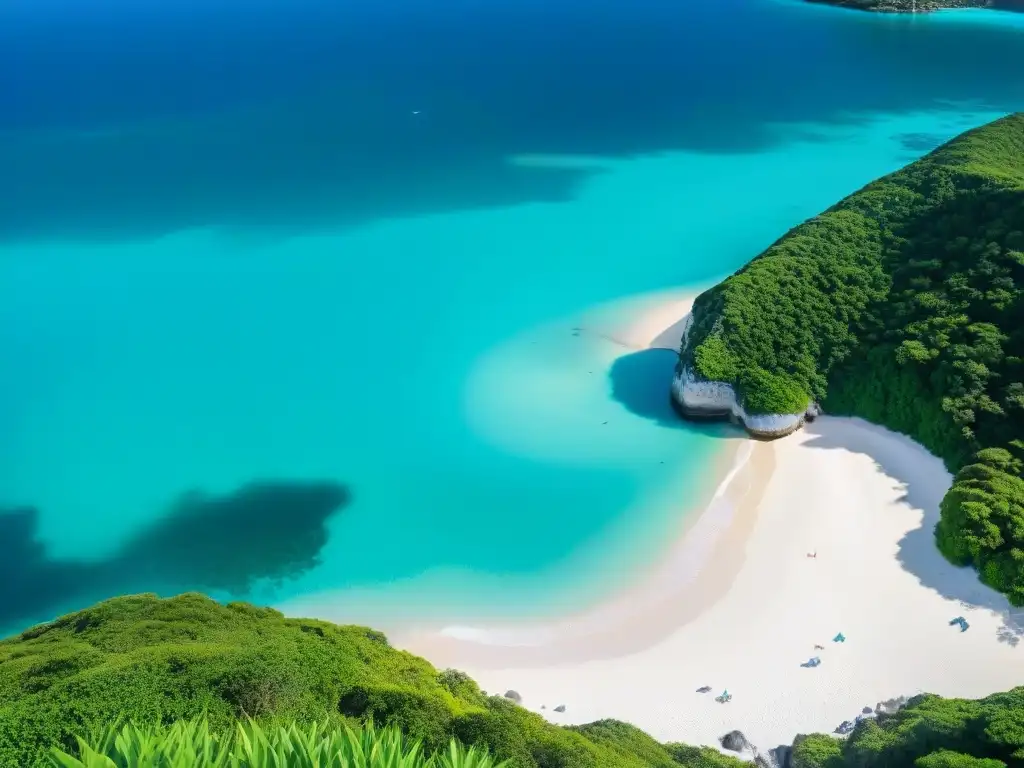 Destino costero sostenible: guía local lleva a turistas en eco-tour Un paraíso costero sostenible: aguas turquesas, playas de arena blanca, vegetación exuberante y ecosistema marino diverso