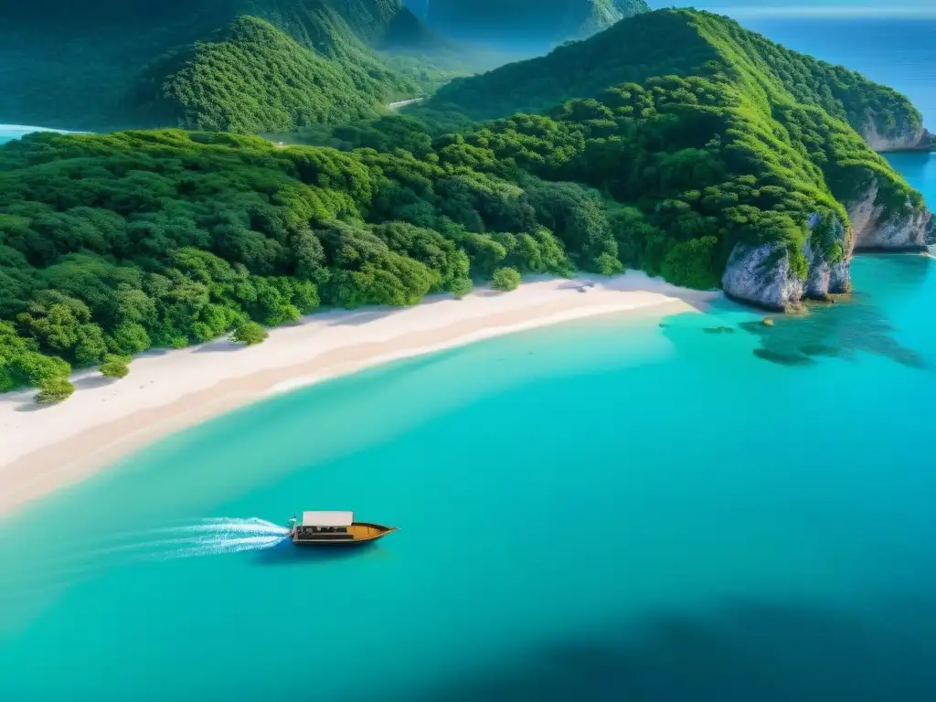 Paraíso costero: aguas turquesas y playa de ensueño Un paraíso costero sostenible con aguas cristalinas y playa blanca, rodeado de vegetación y pequeñas embarcaciones