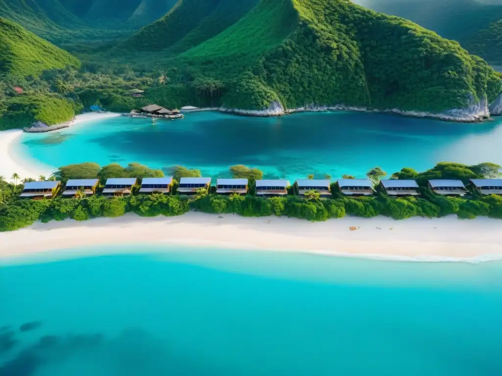 Ecoresort de lujo: armonía entre naturaleza y sostenibilidad Un paraíso costero sostenible de lujo con bungalows elegantes, paneles solares y una piscina infinita