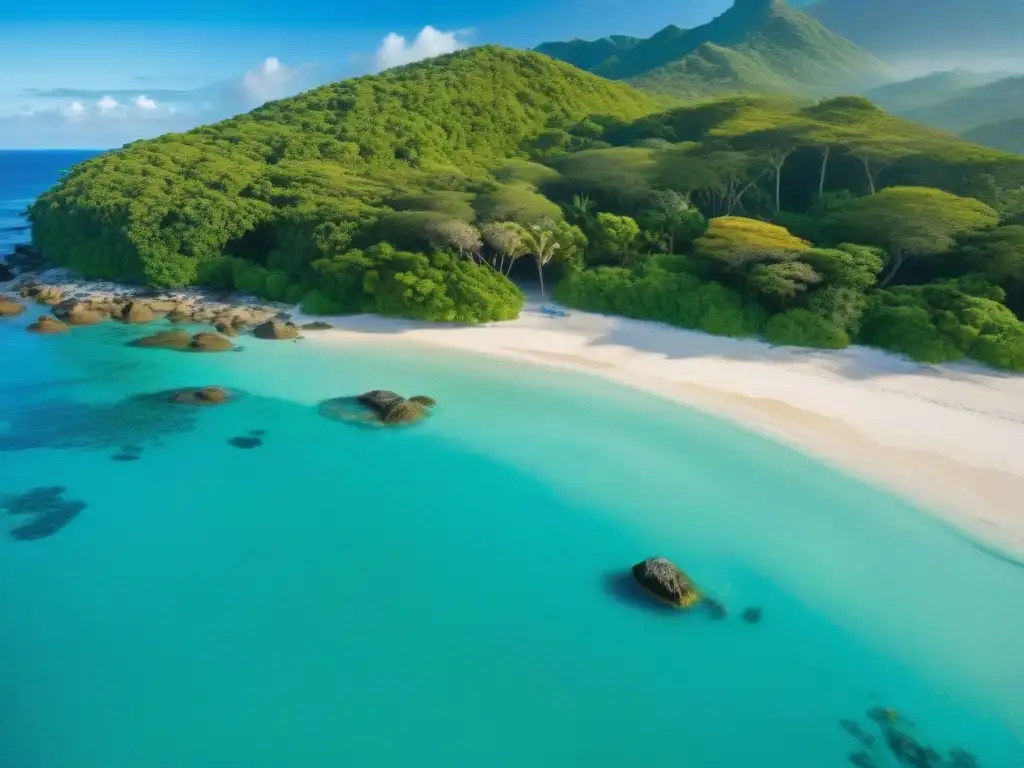 Biodiversidad marina en playa paradisíaca Un paraíso costero sostenible: playa de arena blanca, aguas turquesas, vida marina colorida y bosque costero exuberante