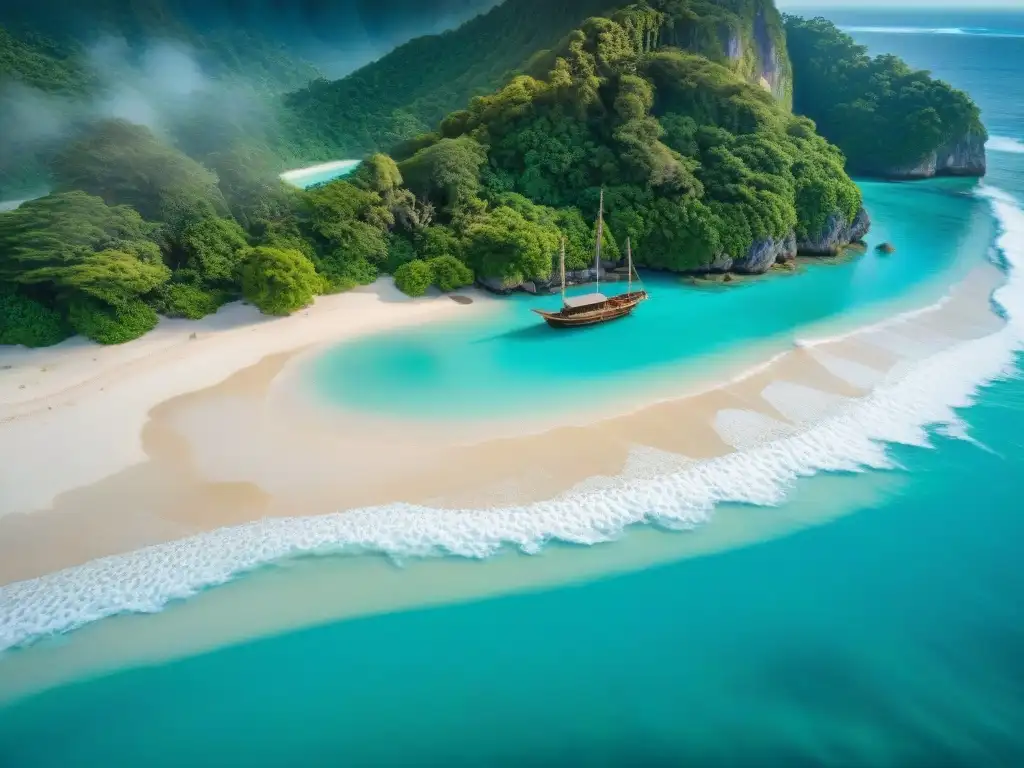 Paraíso costero: Playa tropical y barco de pesca en armonía Un paraíso costero sostenible: playa de arena, selva verde y aguas turquesa
