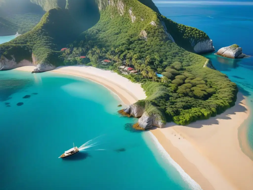 Paraíso costero: aguas turquesas, playas doradas y naturaleza exuberante Un paraíso costero sostenible donde el turquesa del mar se funde con playas doradas y exuberante vegetación
