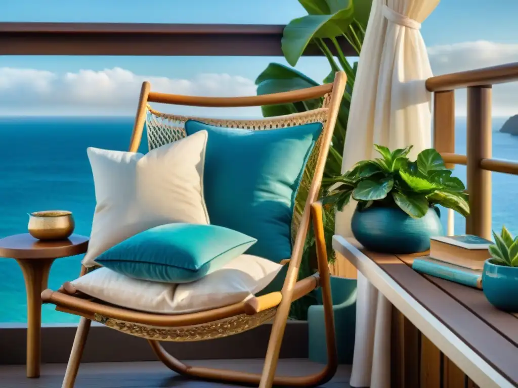 Paraíso costero en balcón acogedor: plantas, muebles y brisa marina Un paraíso costero en terraza con decoración encantadora: plantas verdes, silla de mimbre, libros y cortina al viento
