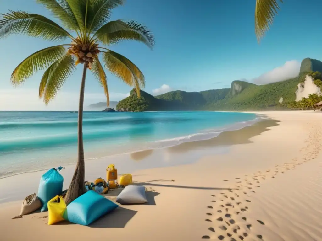 Playa paradisíaca: limpieza comunitaria y turismo sostenible Un paraíso costero donde turistas y guías participan en proyectos de conservación