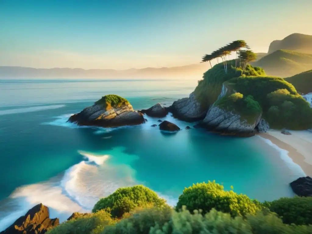 Paraíso sereno: Amanecer dorado en playa aislada Un paraíso costero único al amanecer con palmeras, aguas turquesas y aves marinas