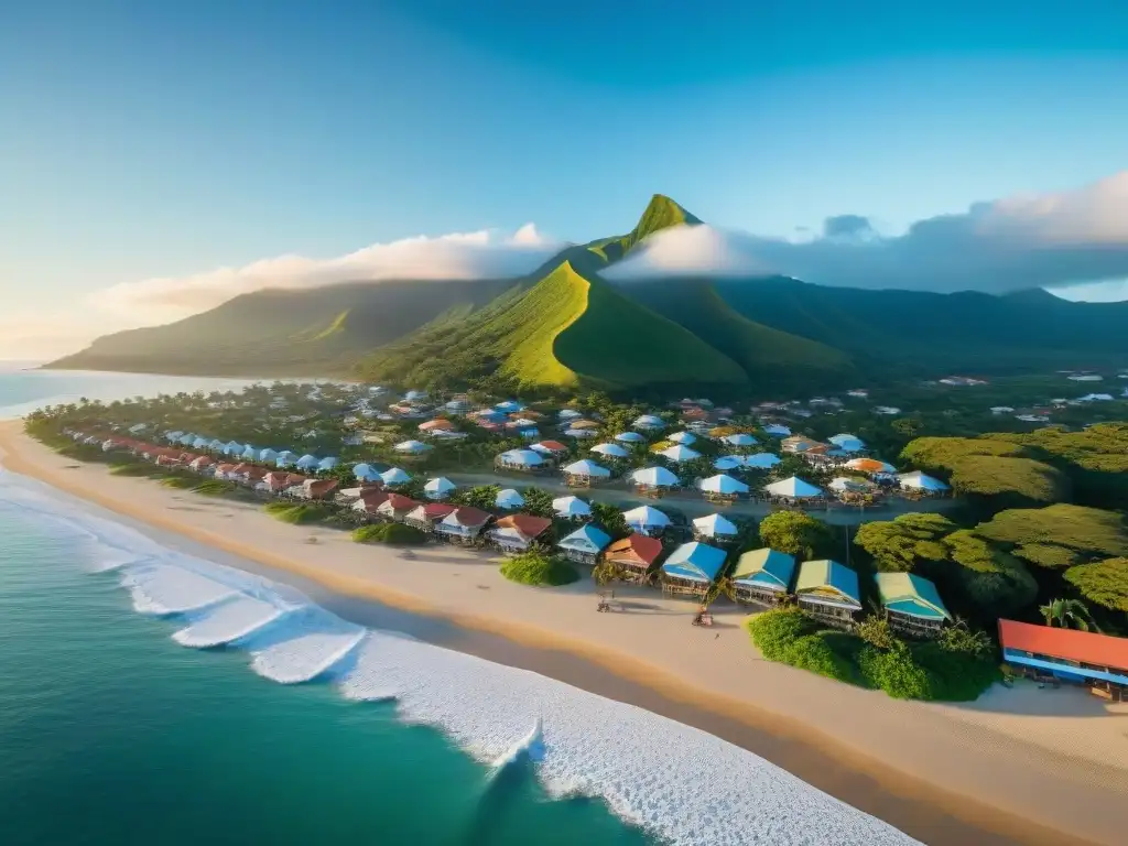 Paraíso Costero: Surf, Sol y Comunidad Un paraíso costero vibrante con playas, surfistas, hoteles coloridos y mercados locales bulliciosos