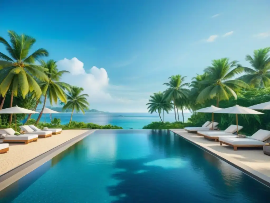 Paraíso costero: resort de lujo en la playa Un paraíso costero con villas de lujo, piscina, playa y palmeras