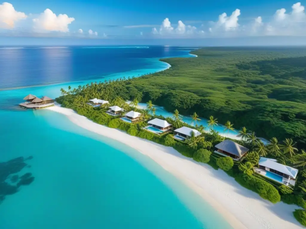 Paraíso costero: playa de ensueño con villas de lujo al atardecer Paraíso costero con villas de lujo, playas blancas y aguas turquesas