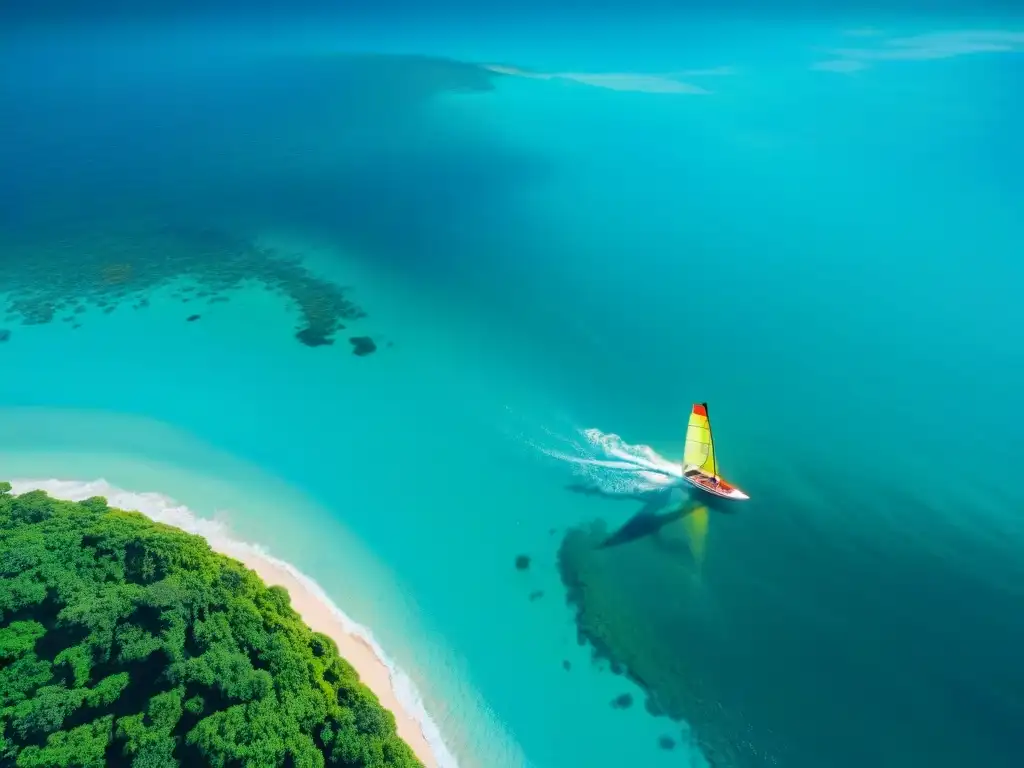 Paraíso costero: windsurf en aguas turquesas Un paraíso costero para practicar windsurf: aguas turquesas, vegetación exuberante y un windsurfista solitario en acción