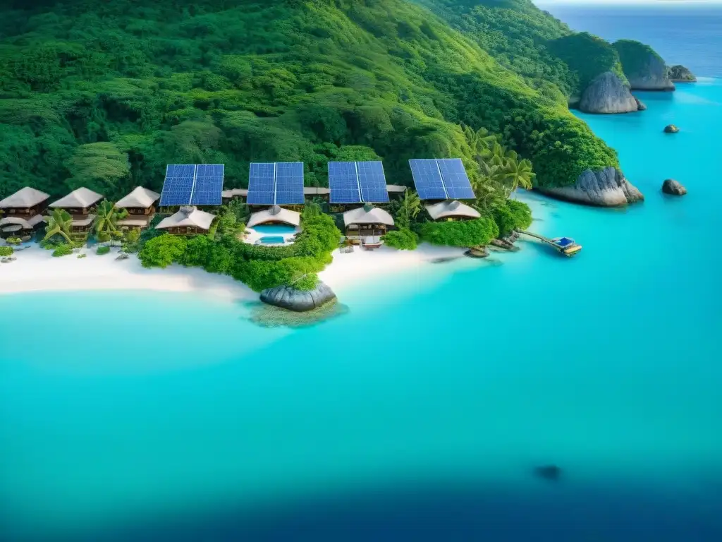 EcoResort sostenible: paraíso ecológico junto al mar Un paraíso de EcoResorts junto al mar sostenibles: paneles solares, huéspedes paseando y vida marina colorida en aguas cristalinas