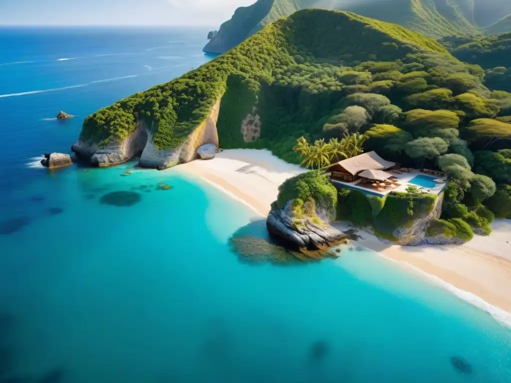 Paraíso exclusivo: playa secreta con aguas turquesas y villas de lujo Un paraíso exclusivo en la costa con aguas turquesas, acantilados verdes y villas de lujo