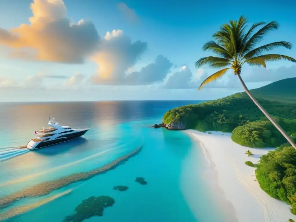 Paraíso tropical en el Caribe: lujo y belleza en una isla privada Un paraíso de isla privada en el Caribe, con aguas turquesas, un lujoso yate y atardecer