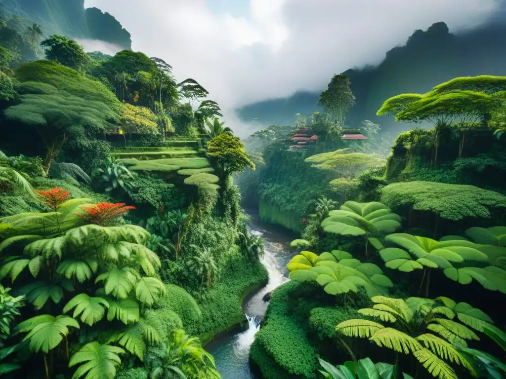 Selva exuberante de Bali: conservación y belleza Un paraíso natural en Bali: una exuberante selva con aves tropicales, árboles gigantes y un arroyo serpenteante