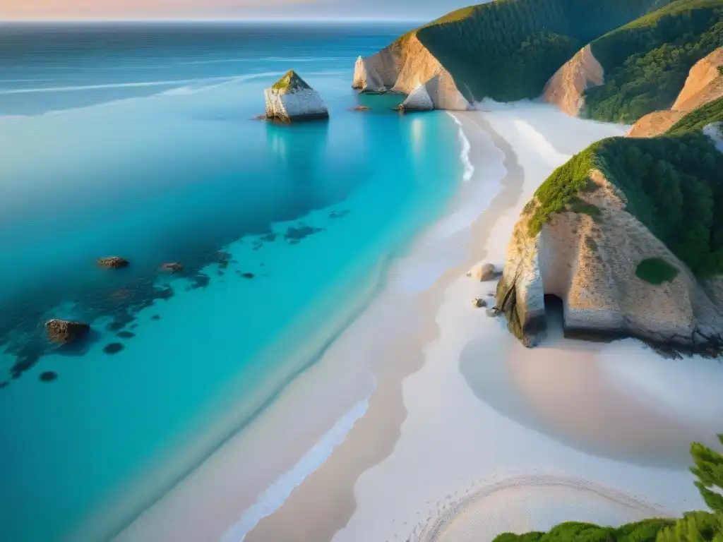 Playa paradisíaca con velero al atardecer Un paraíso oculto: tranquila cala con aguas turquesas, velero solitario al atardecer