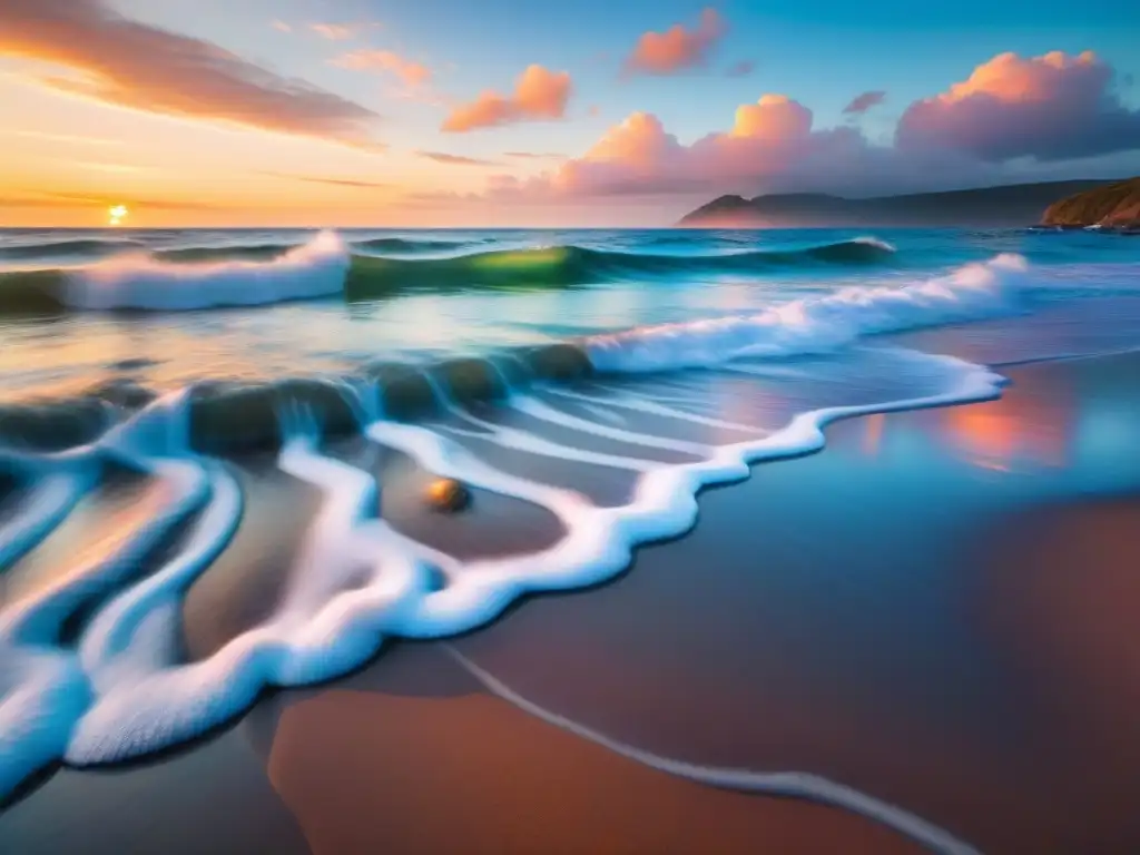 Playa serena al atardecer: olas suaves y cielo pastel Un paraíso de paz en una playa al atardecer, con olas suaves reflejando los cálidos colores del sol