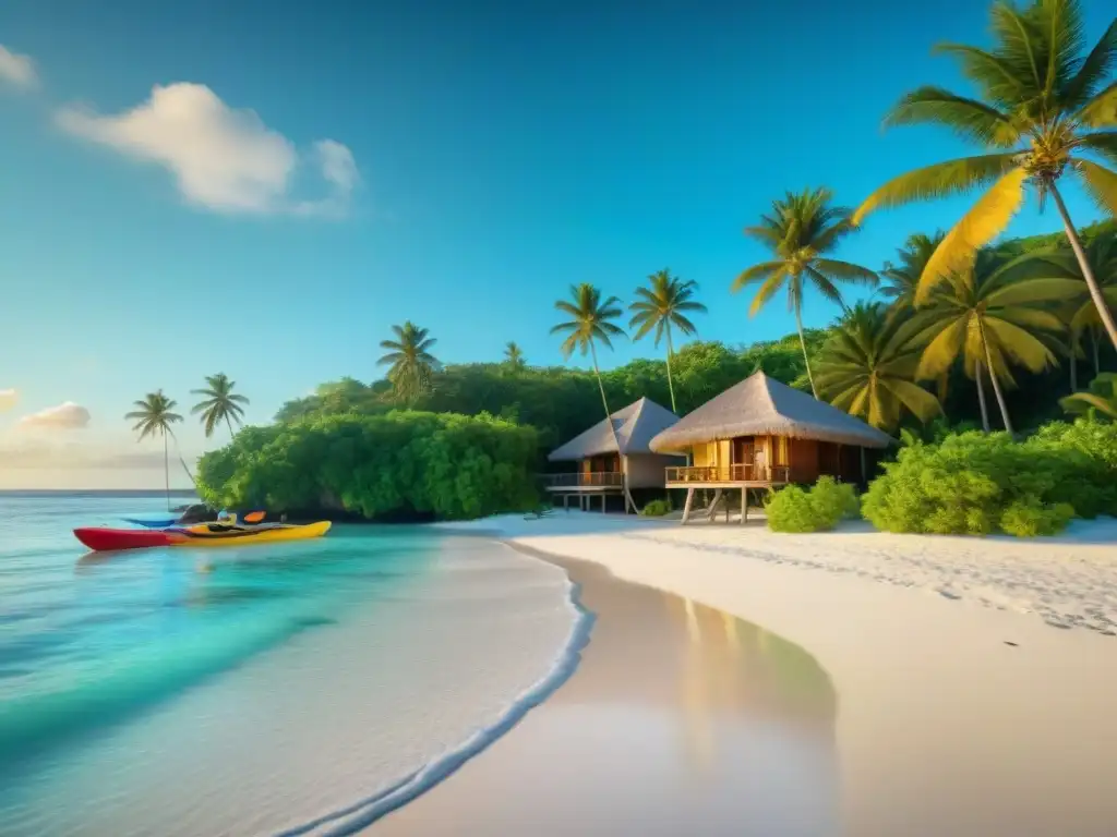 Paraíso ecofriendly: playa de arena blanca y palmeras junto al mar Un paraíso en la playa con EcoResorts junto al mar sostenibles, palmeras verdes y aguas turquesas