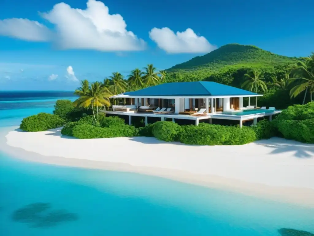Paraíso exclusivo: Isla privada en el Caribe con aguas turquesas y playas de arena blanca Un paraíso privado en el Caribe: aguas turquesas, playas blancas, palmeras verdes, villas de lujo, yate exclusivo
