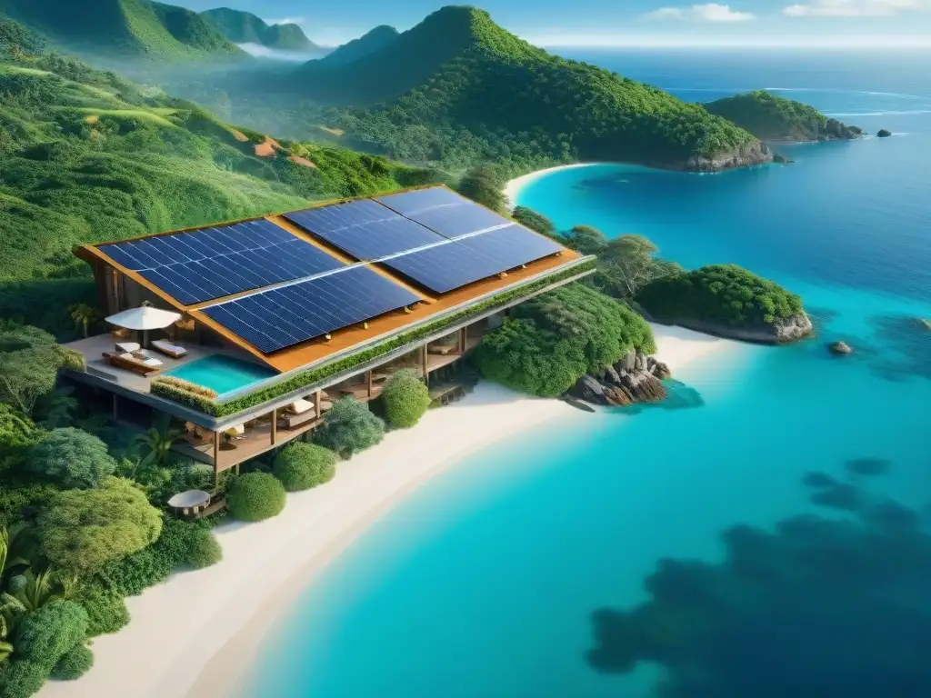 Paraíso EcoResort: Gastronomía sostenible entre naturaleza Un paraíso de Gastronomía sostenible en EcoResorts: huertos, paneles solares y comensales disfrutando en terraza con vista al mar